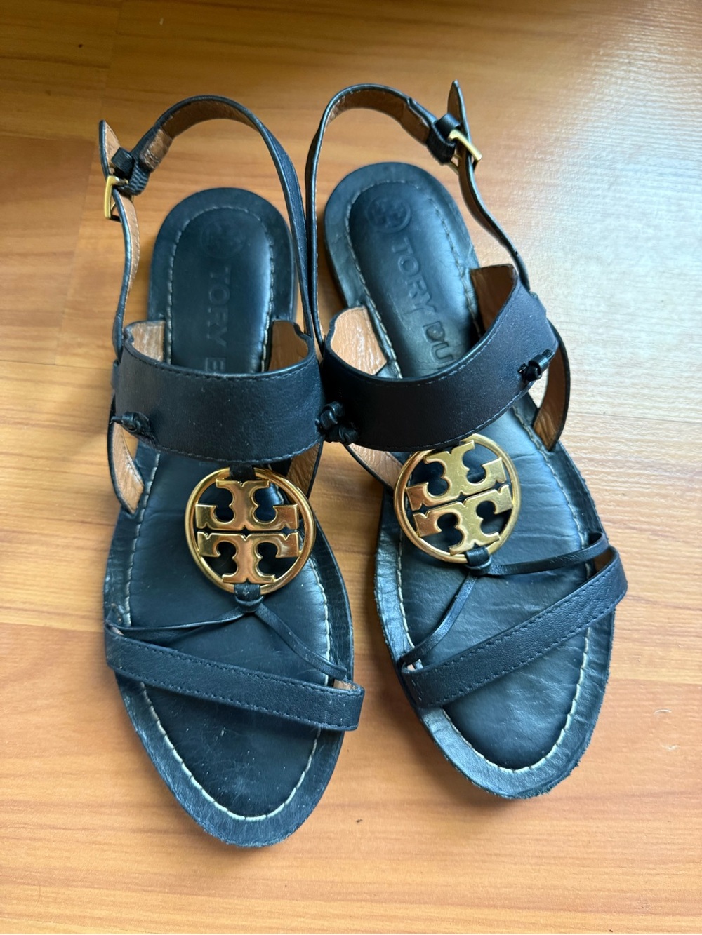 Tory Burch Black Leather Logo Medallion Sling Sandals